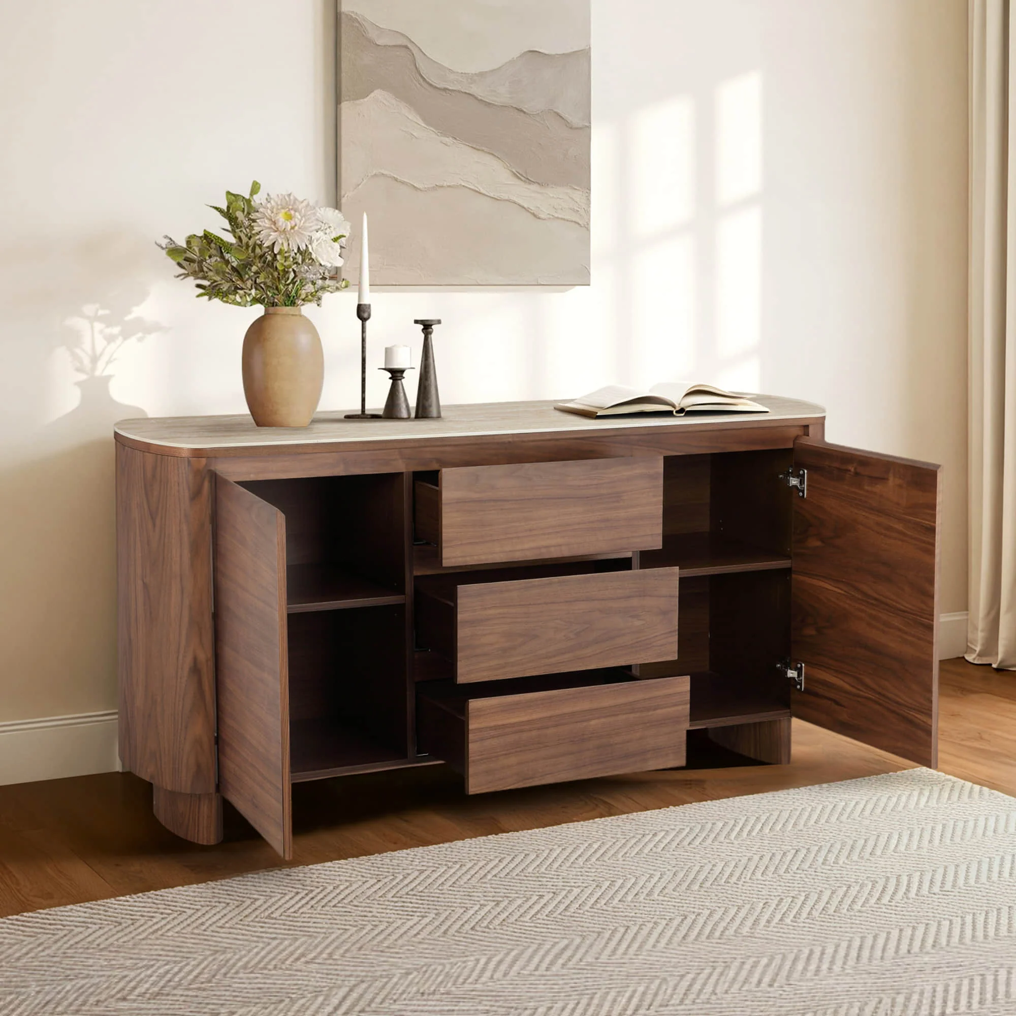 63" Chad Mid-Century Natural Wood Sideboard Buffet with Doors - Image 4