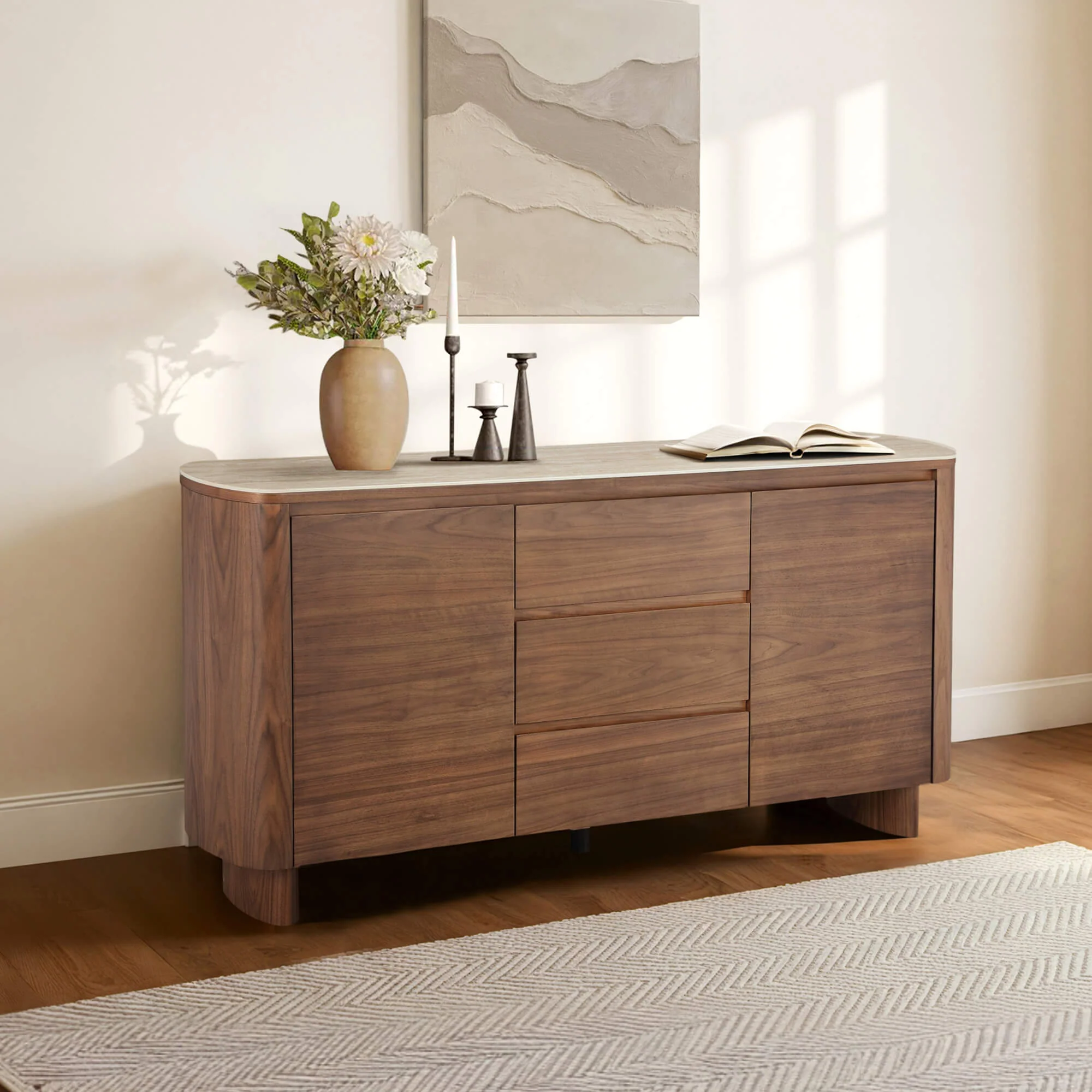 63" Chad Mid-Century Natural Wood Sideboard Buffet with Doors - Image 5