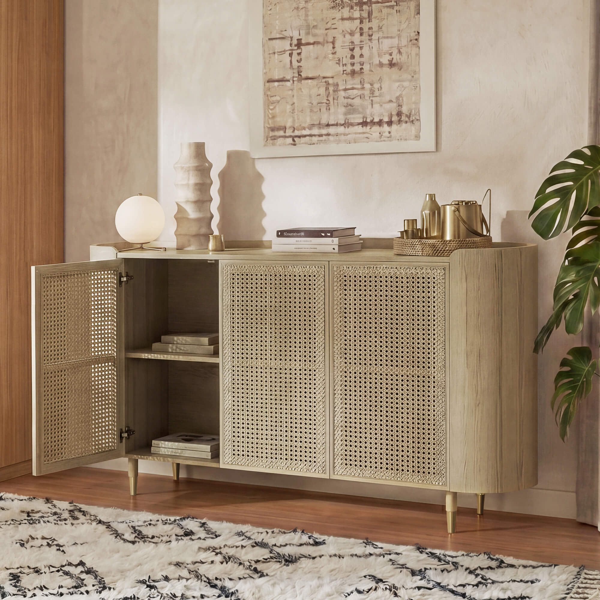 63" Renee Scandinavian Sideboard with Woven Rattan - Image 2