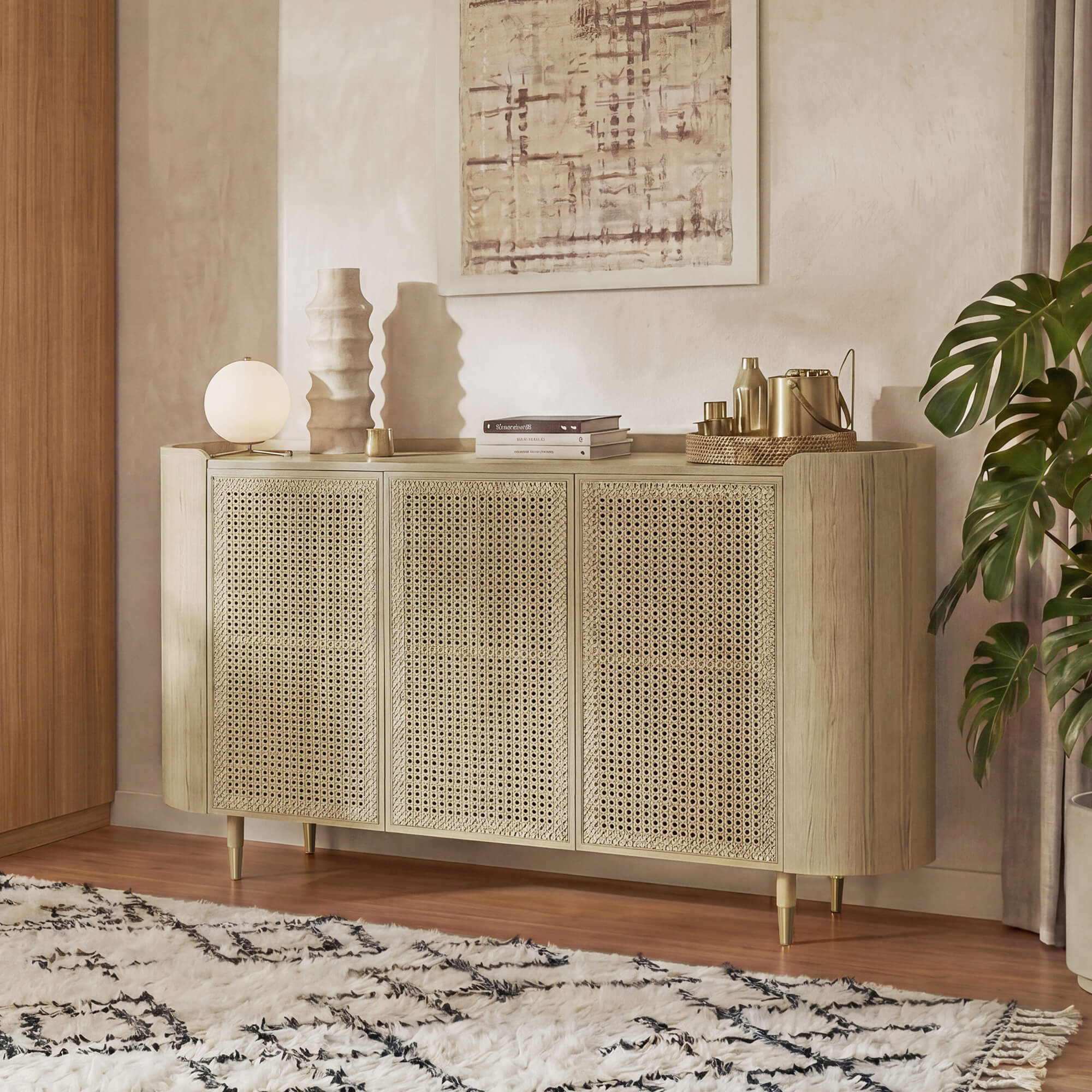 63" Renee Scandinavian Sideboard with Woven Rattan - Image 3