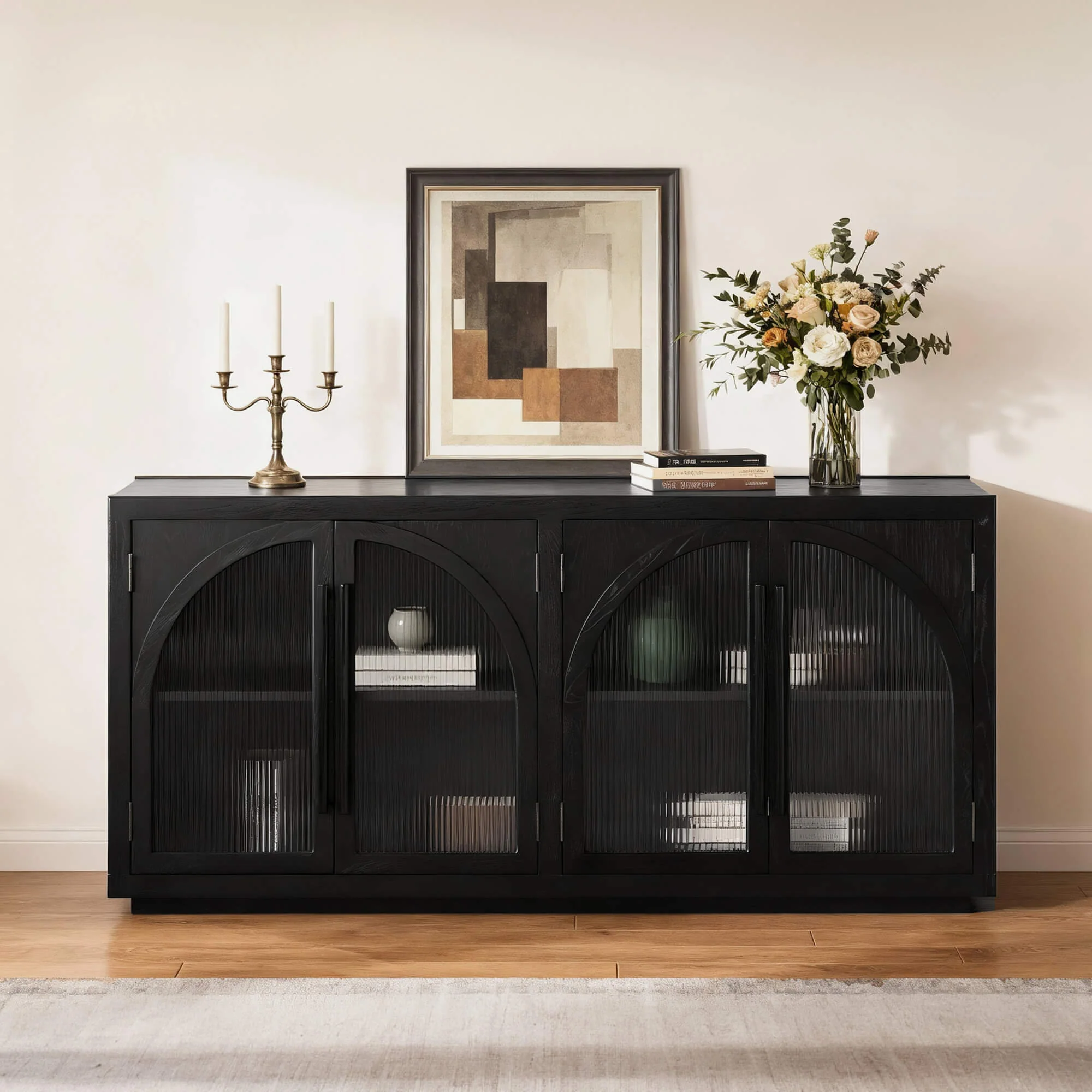 71'' Kyle 4-Door Black Solid Wood Display Sideboard
