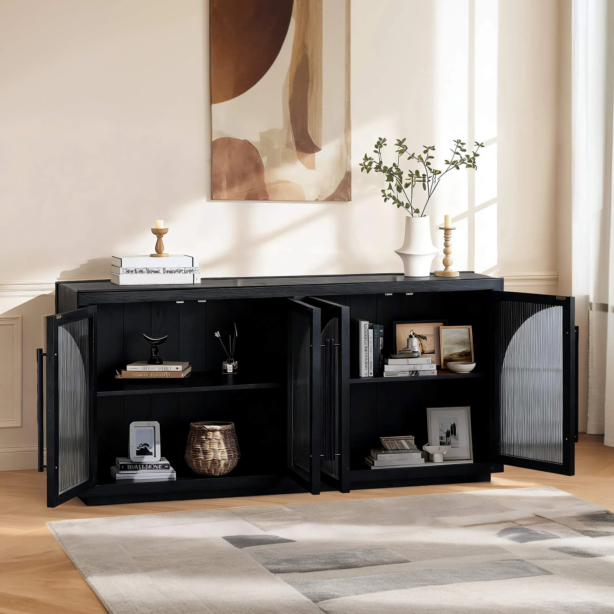 71'' Kyle 4-Door Black Solid Wood Display Sideboard - Image 2