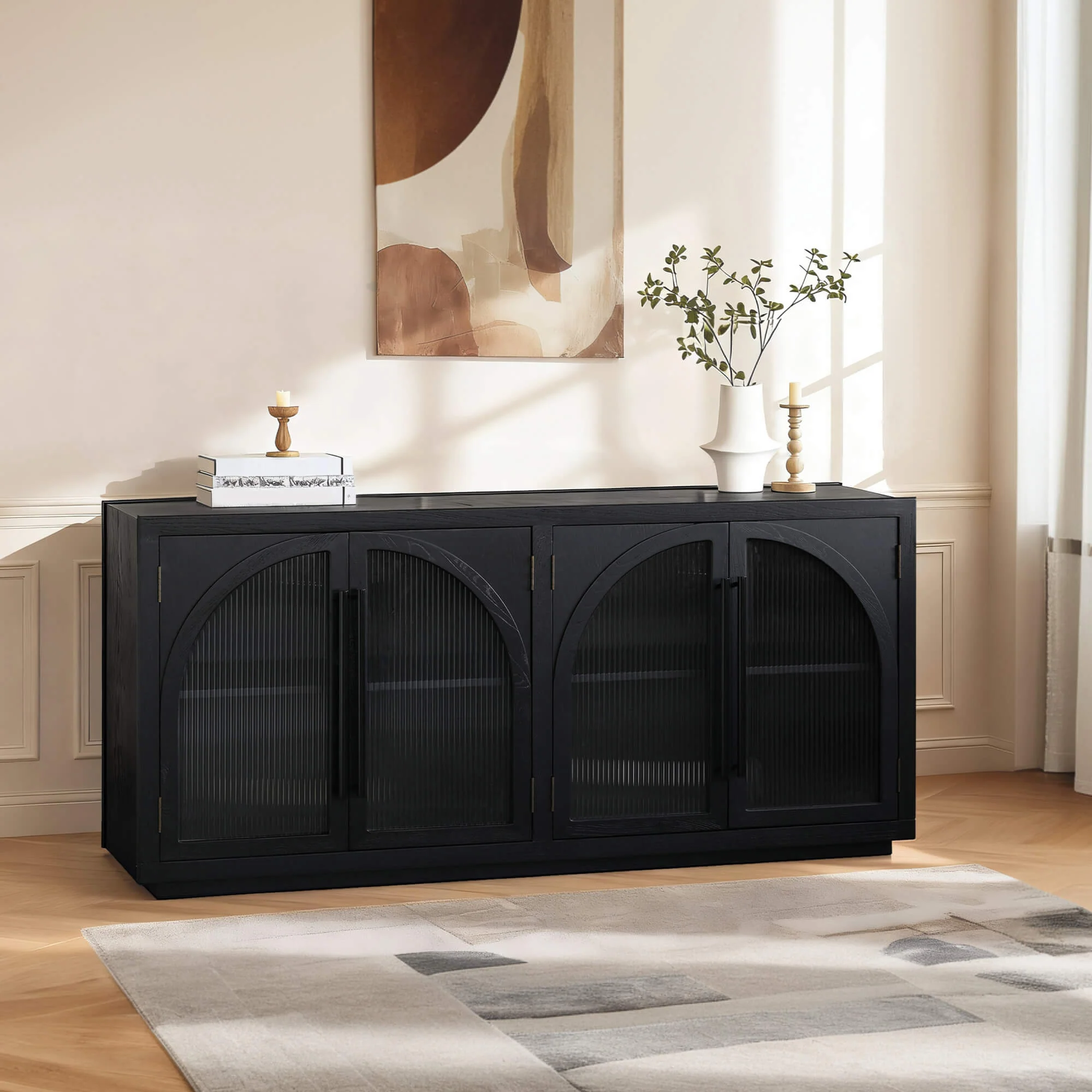 71'' Kyle 4-Door Black Solid Wood Display Sideboard - Image 3