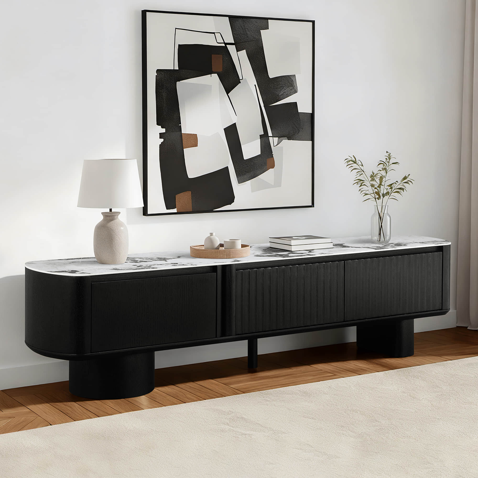 71" Rex Curved Fluted Wooden TV Stand with Drawer - Image 4