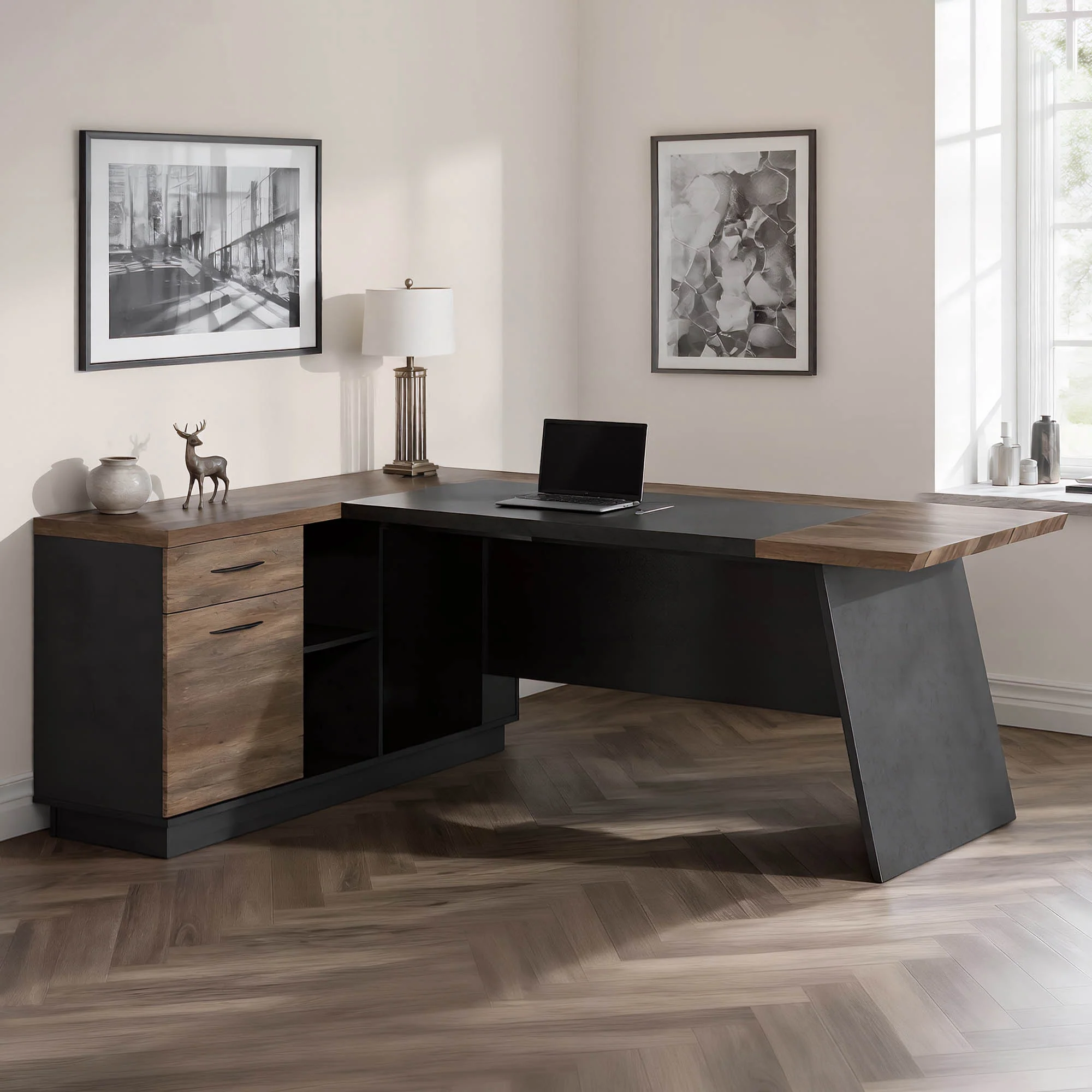 78" Larry L-Shaped Desk Table with File Storage Cabinets - Image 2