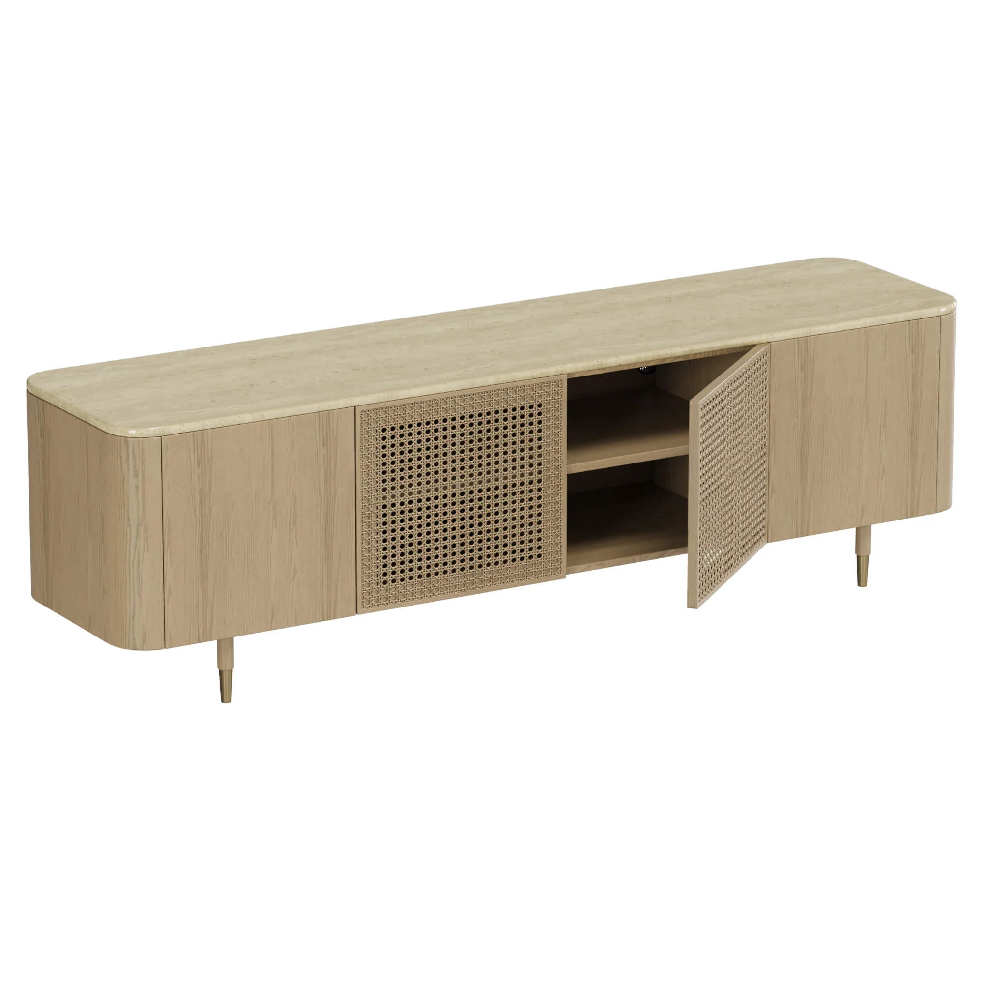 79" Renee Scandinavian Travertine TV Stand with Woven Rattan - Image 10