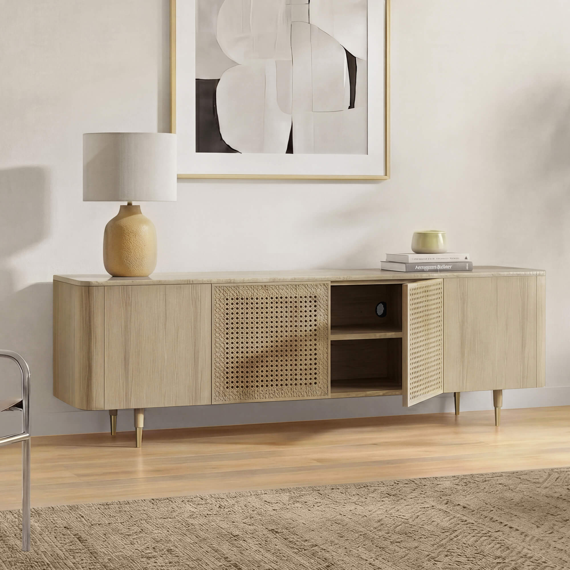79" Renee Scandinavian Travertine TV Stand with Woven Rattan - Image 2