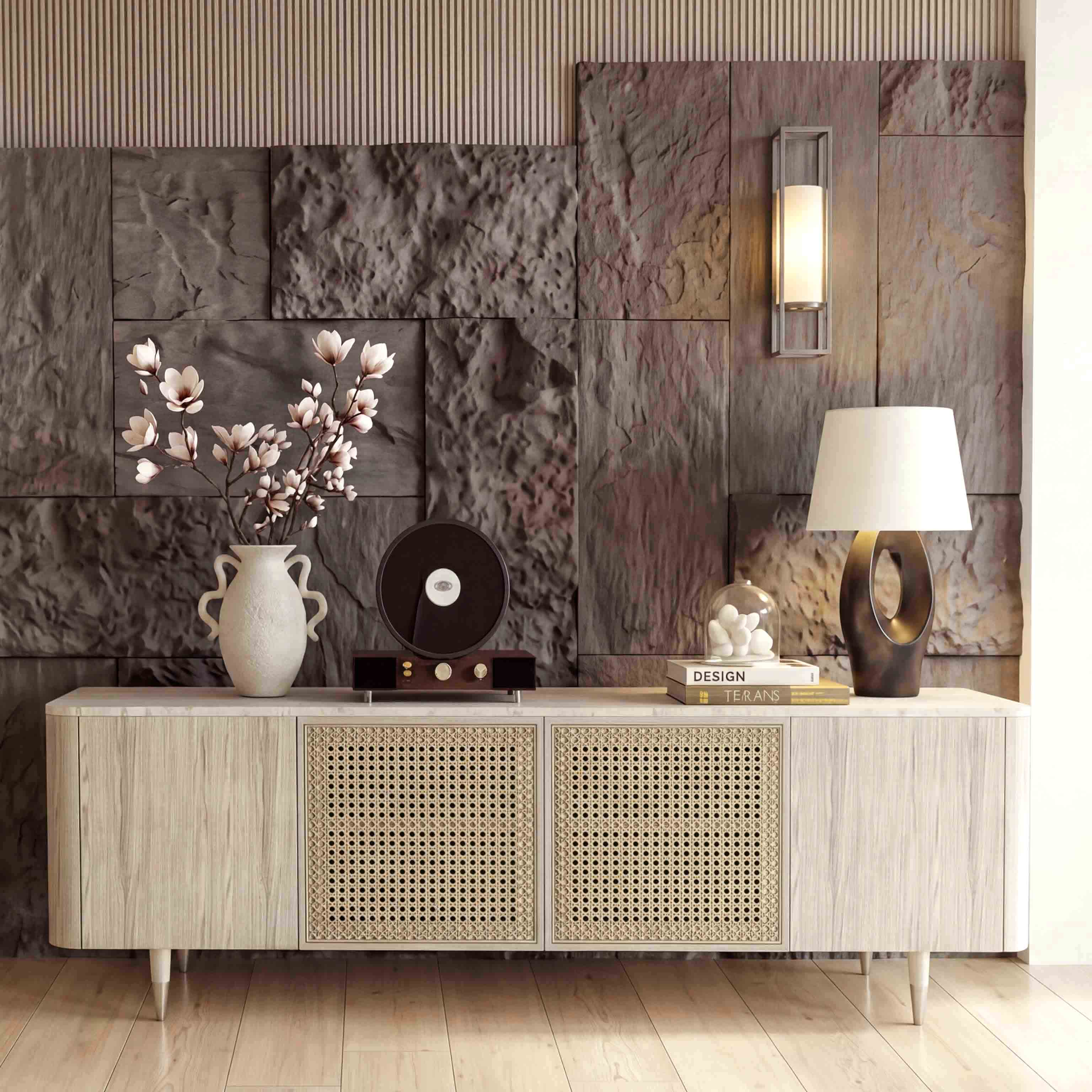 79" Renee Scandinavian Travertine TV Stand with Woven Rattan - Image 3