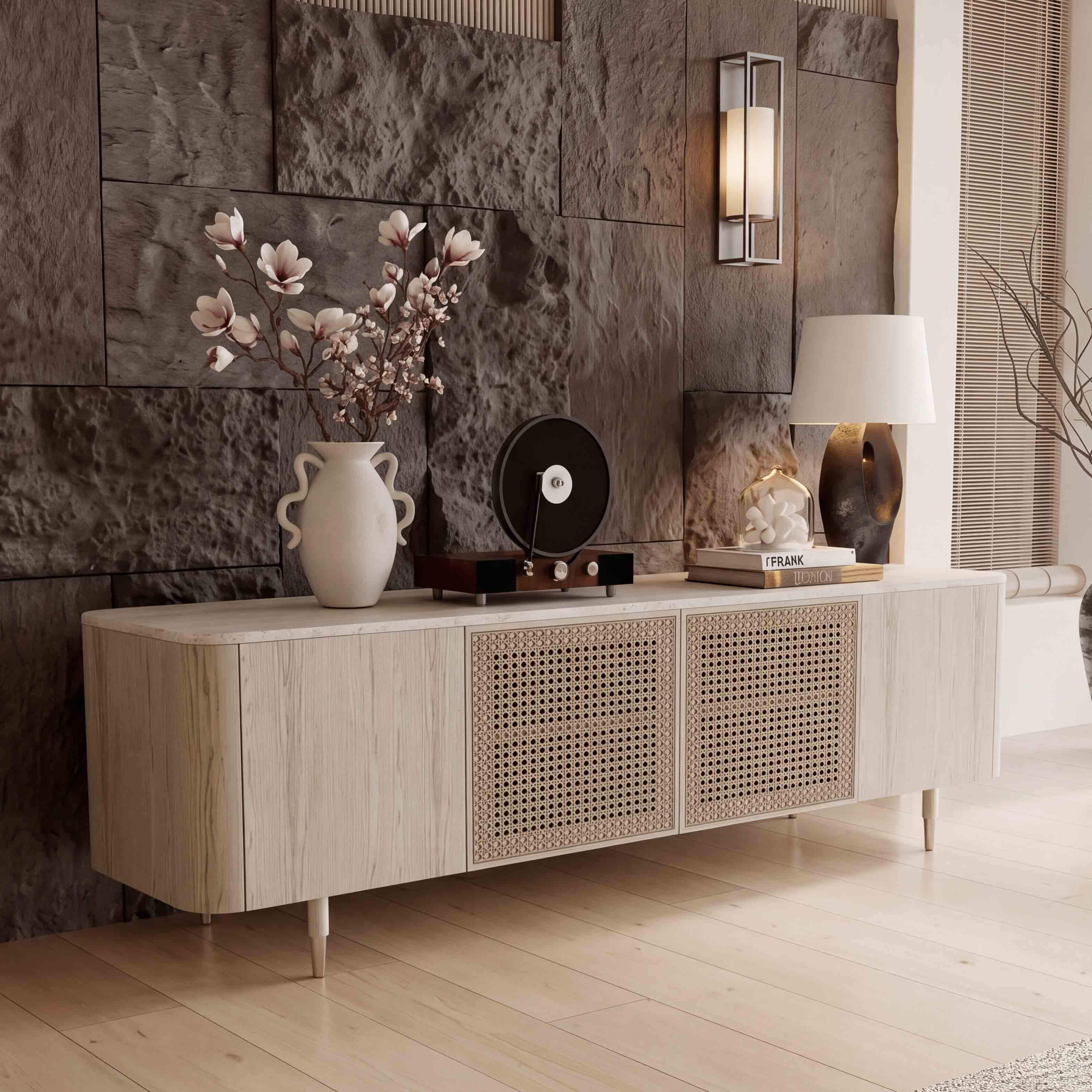 79" Renee Scandinavian Travertine TV Stand with Woven Rattan - Image 4
