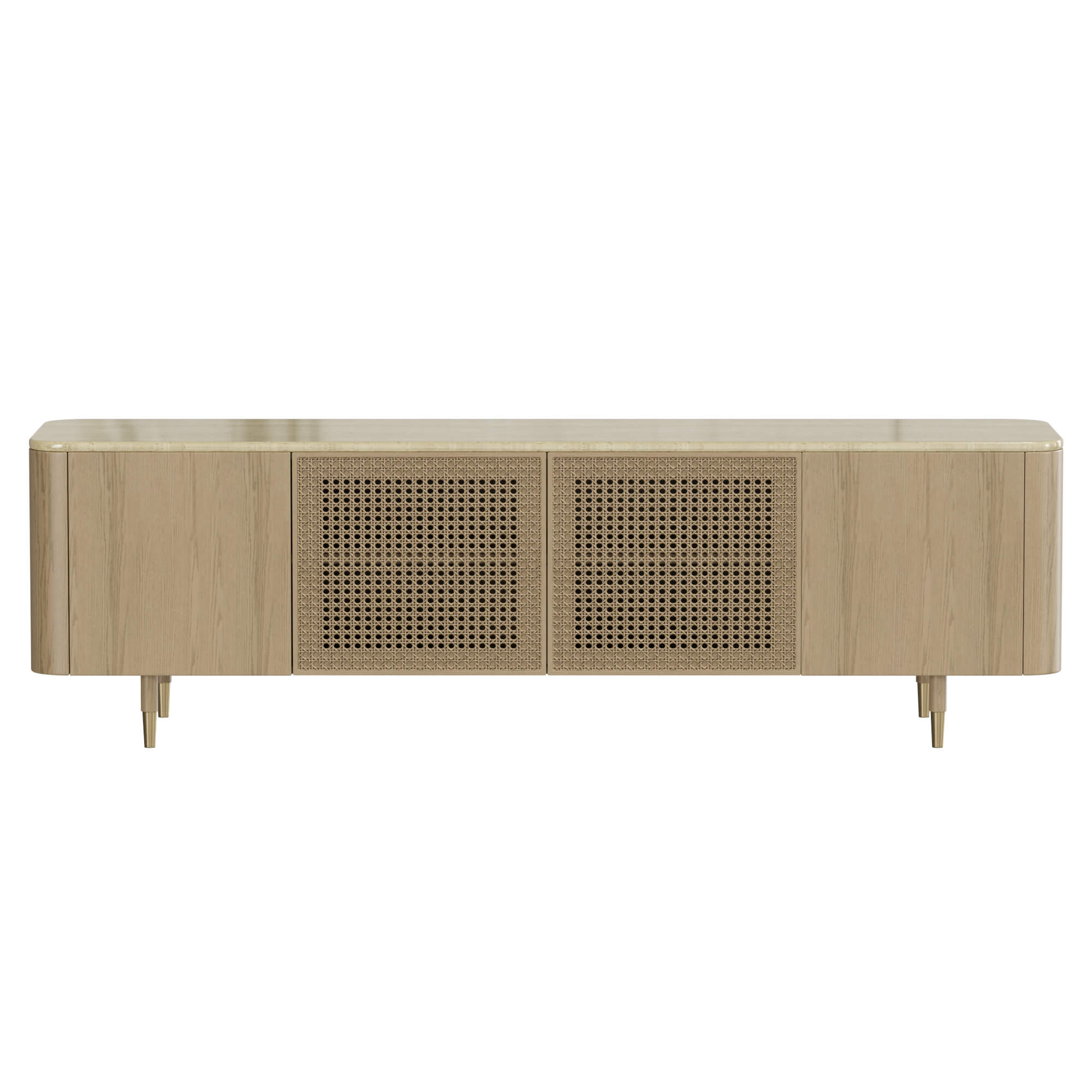 79" Renee Scandinavian Travertine TV Stand with Woven Rattan - Image 6