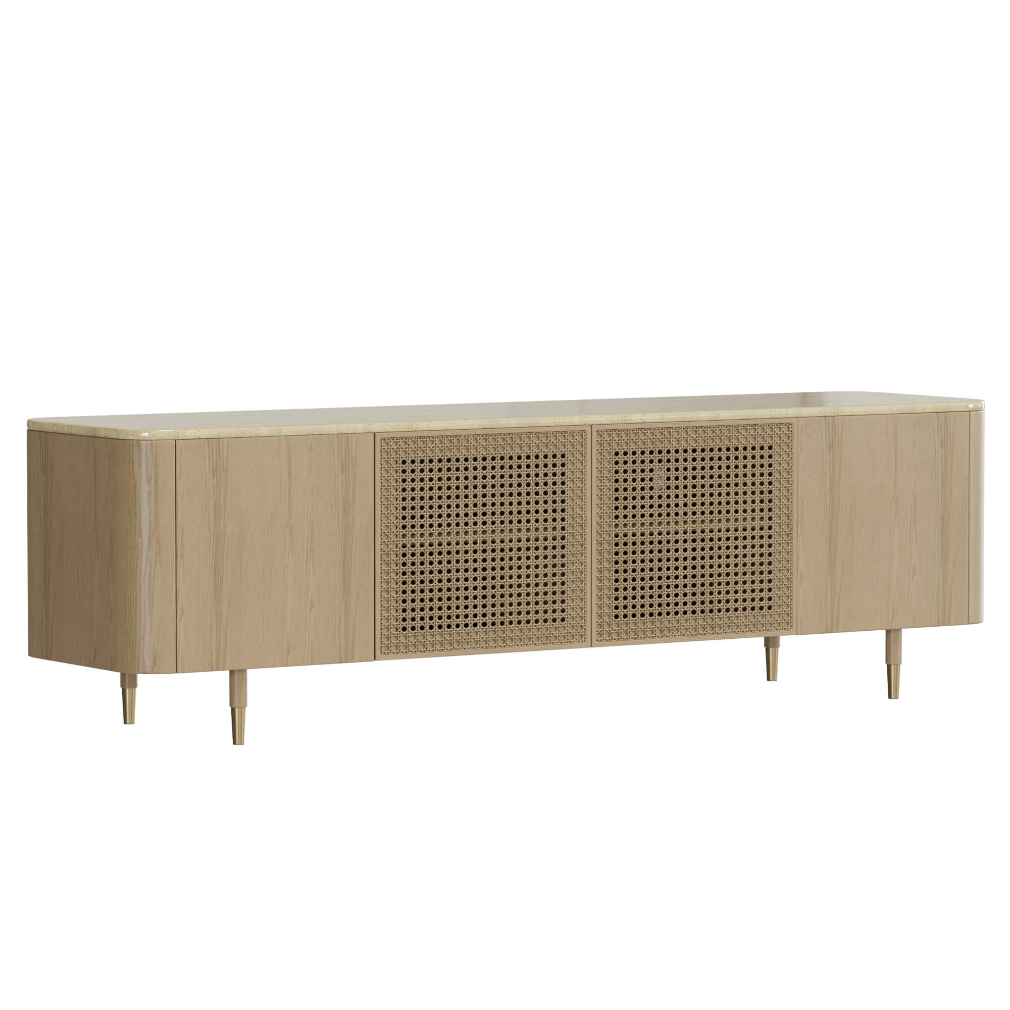 79" Renee Scandinavian Travertine TV Stand with Woven Rattan - Image 7