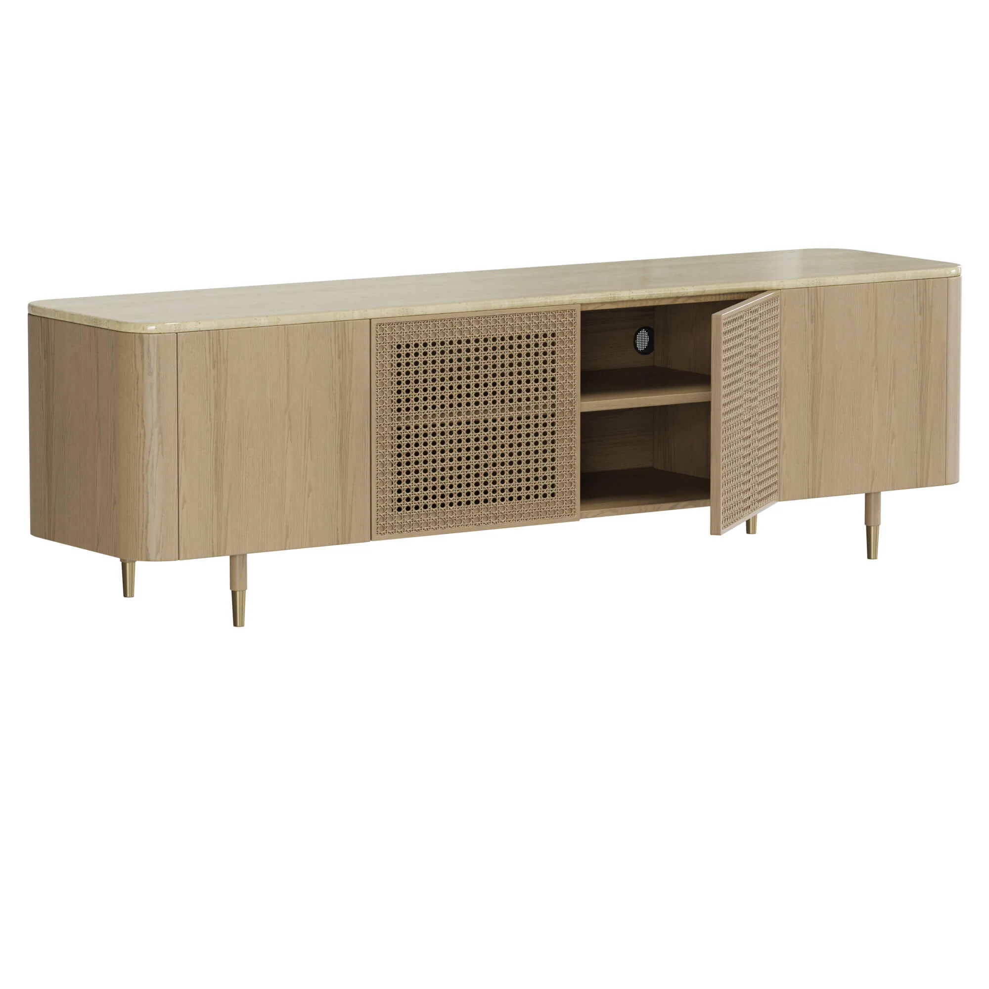 79" Renee Scandinavian Travertine TV Stand with Woven Rattan - Image 8