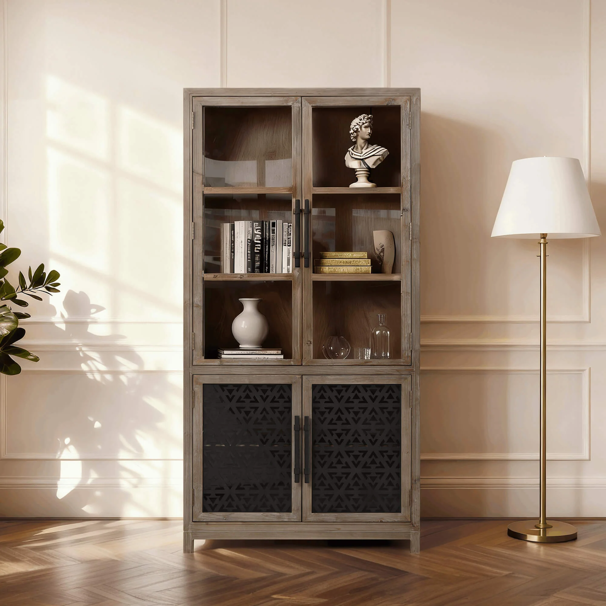 83'' Ethan Farmhouse Solid Wood Tall Display Cabinet Sideboard