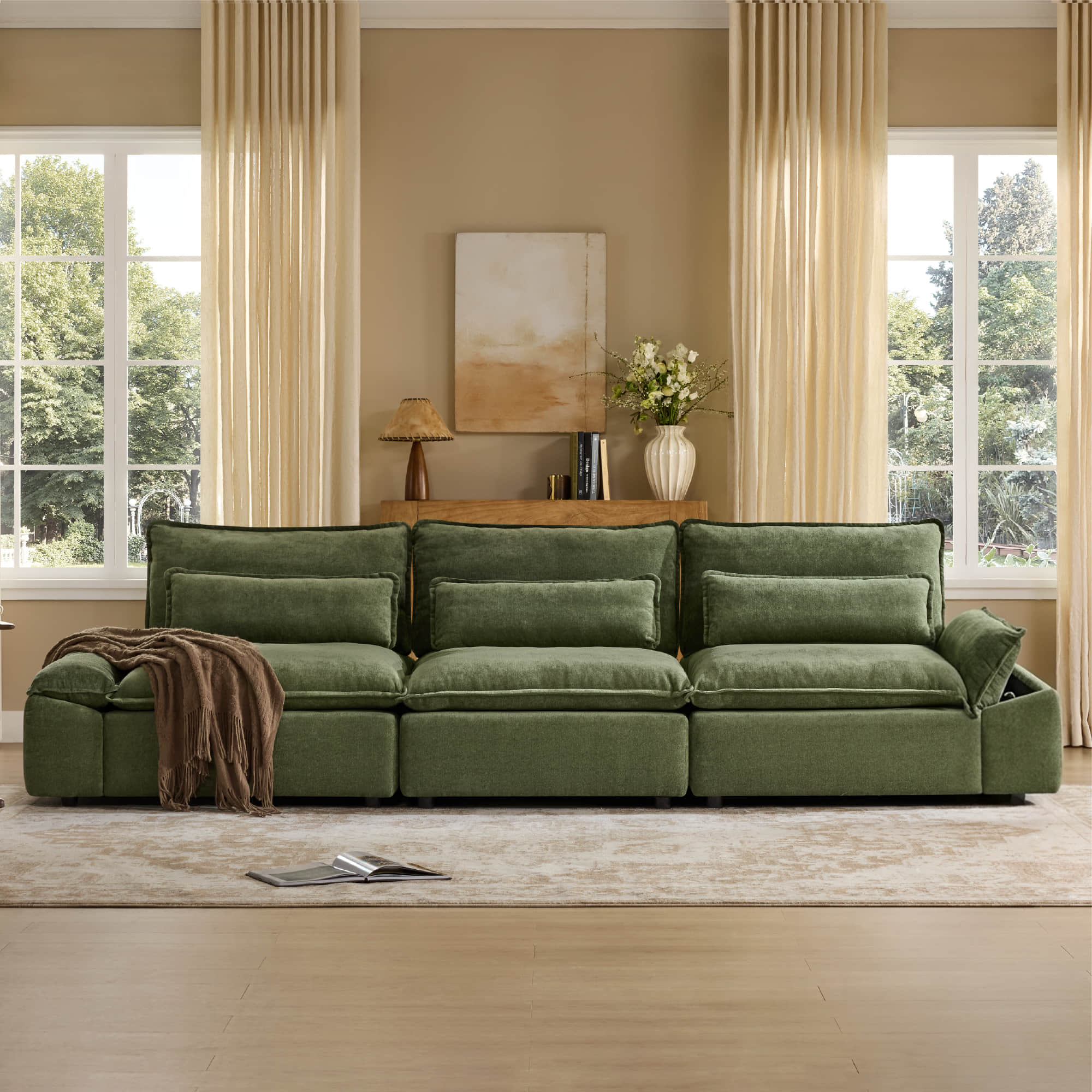 Ace Minimalist Chenille Adjustable Backrest 3-Seater Modular Sofa with Storage Armrest - Image 2
