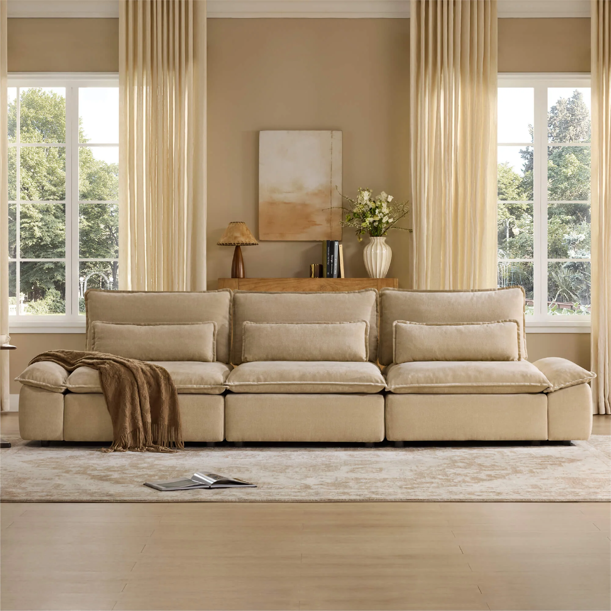 Ace Minimalist Chenille Adjustable Backrest 3-Seater Modular Sofa with Storage Armrest - Image 26