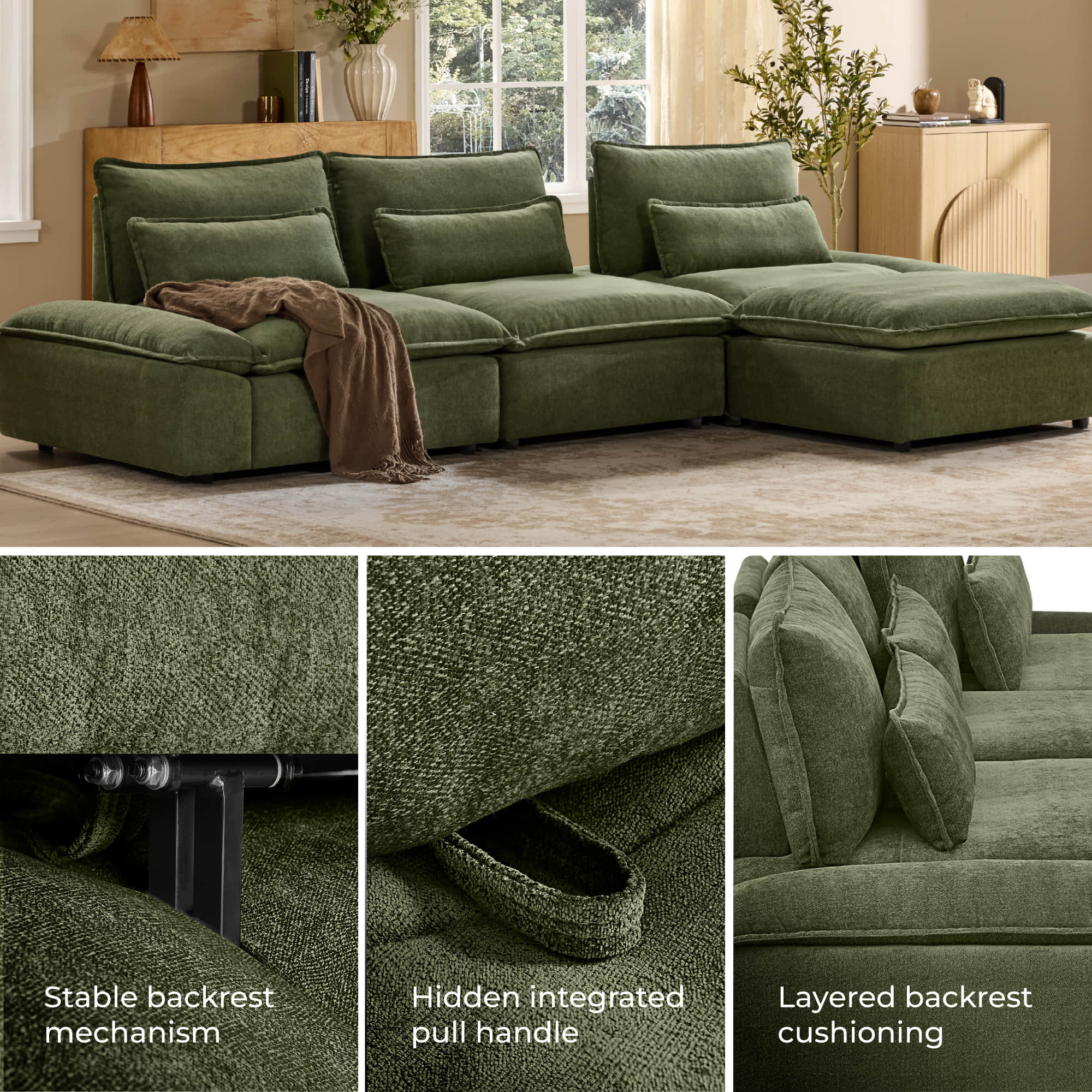 Ace Minimalist Chenille Adjustable Backrest 3-Seater Modular Sofa with Storage Armrest - Image 59