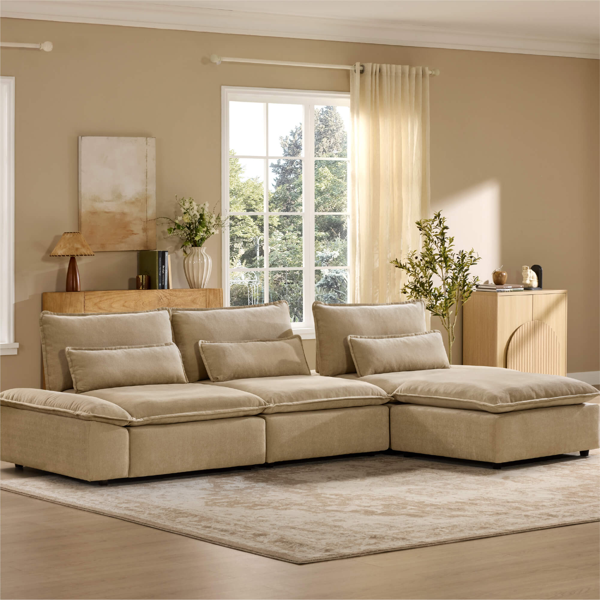 Ace Minimalist Chenille Adjustable Backrest 4-Seater Modular Sofa with Storage Armrest - Image 19