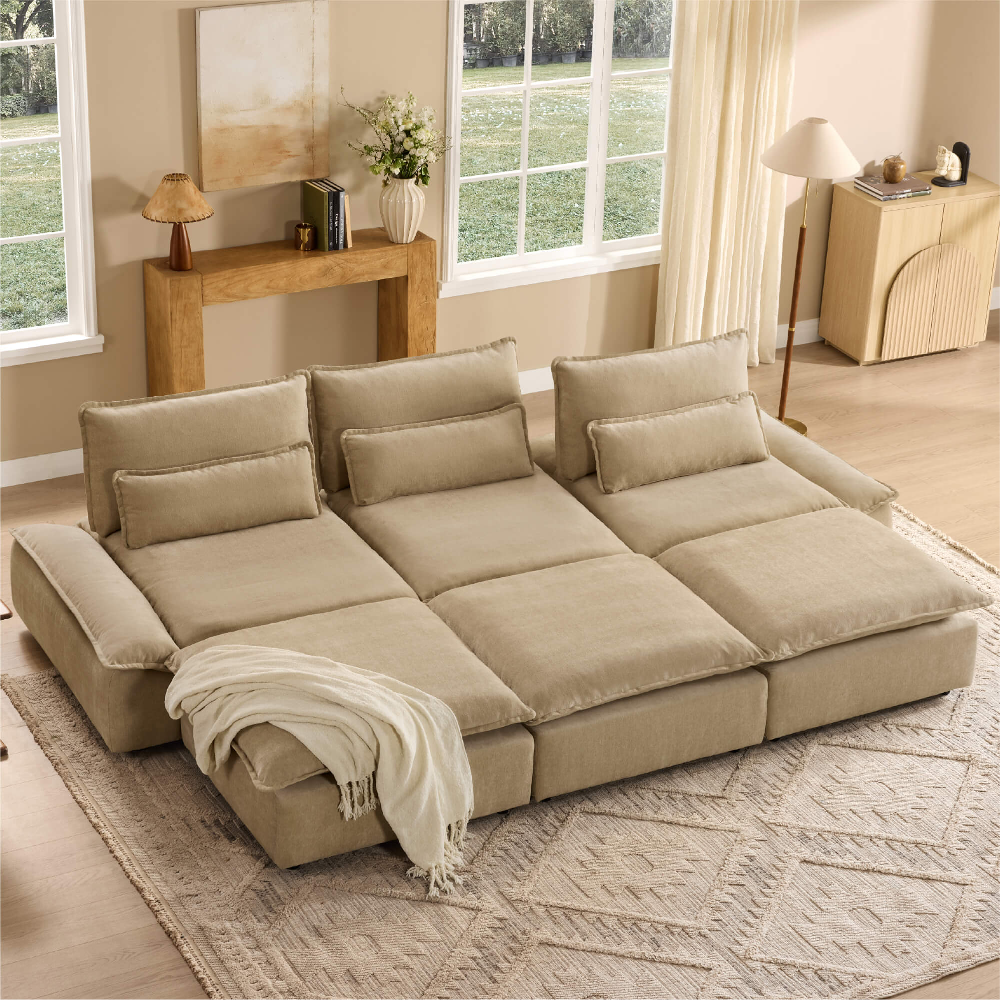 Ace Minimalist Chenille Adjustable Backrest 6-Seater Modular Sofa with Storage Armrest - Image 3