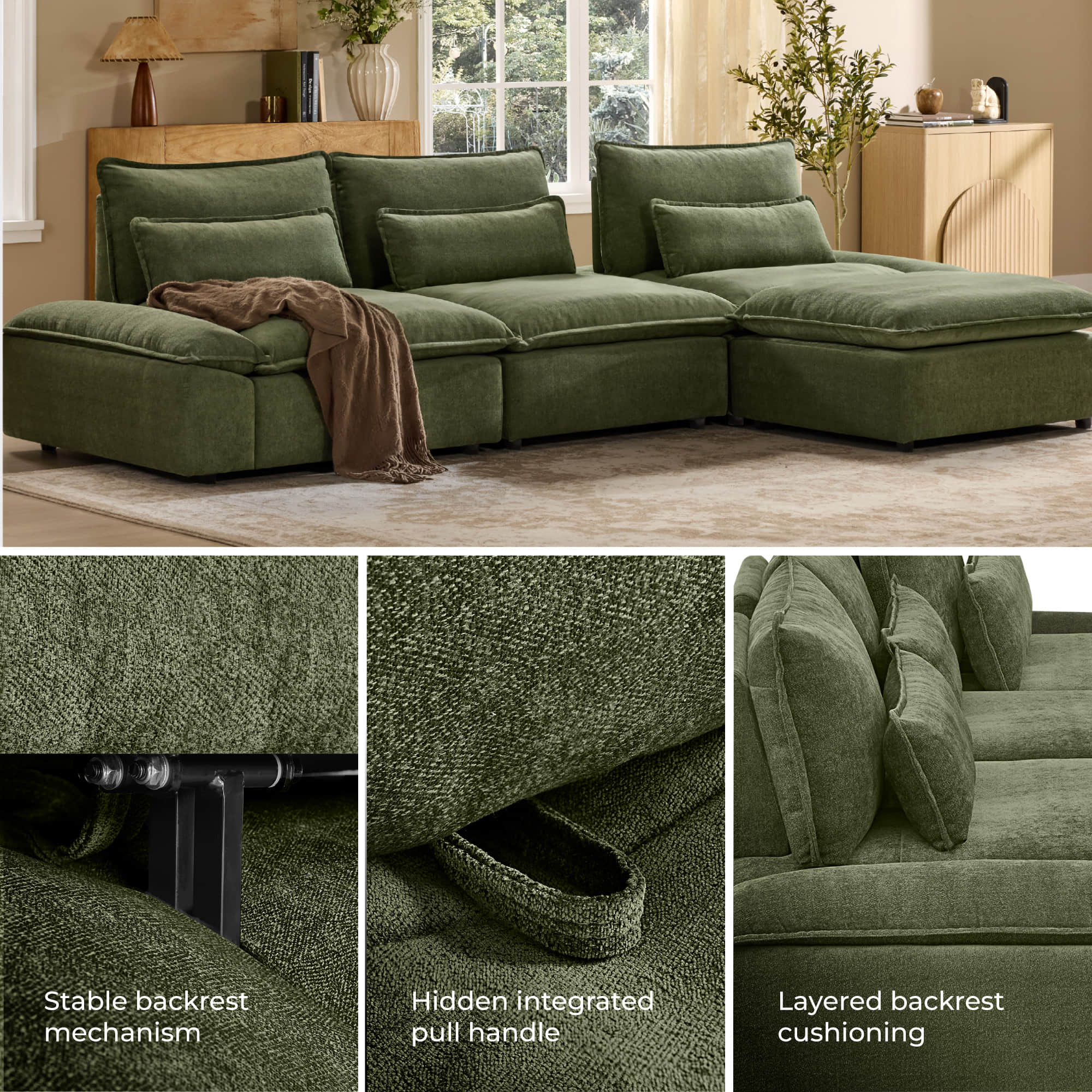 Ace Minimalist Chenille Adjustable Backrest 4-Seater Modular Sofa with Storage Armrest - Image 38