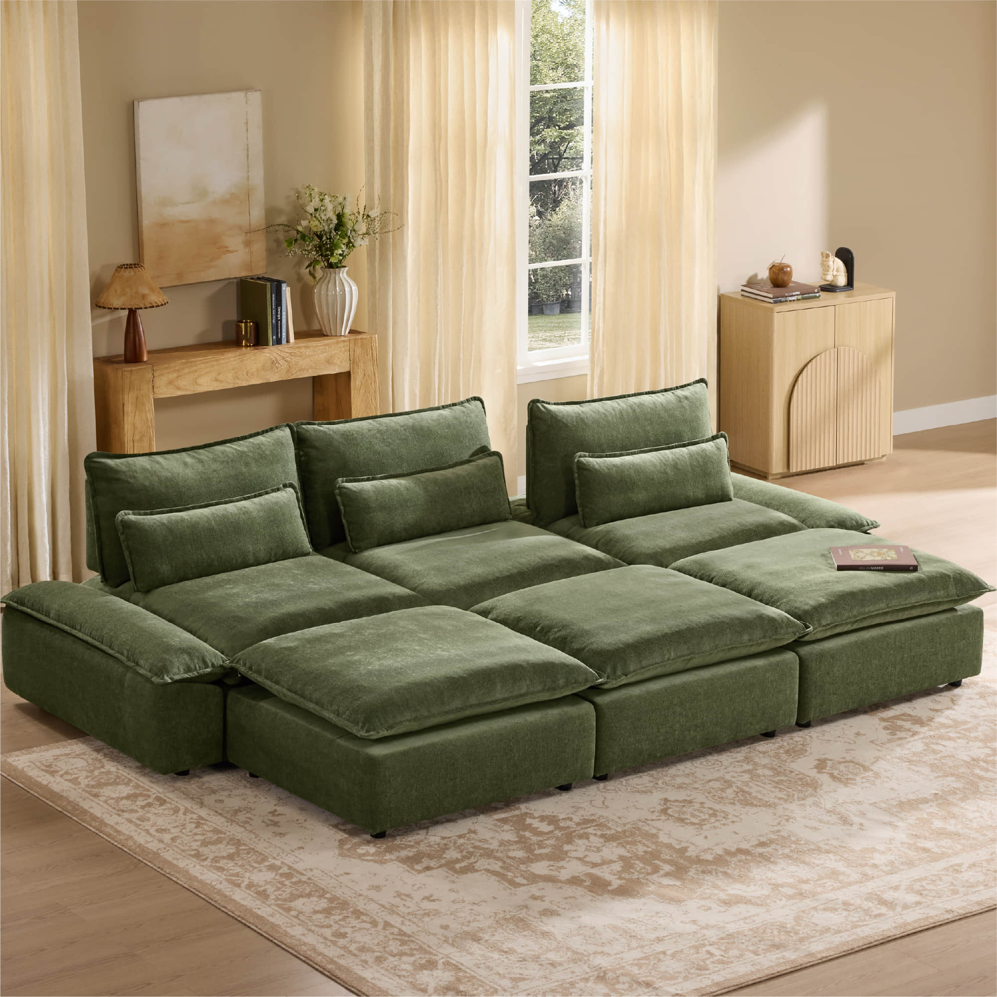 Ace Minimalist Chenille Adjustable Backrest 6-Seater Modular Sofa with Storage Armrest - Image 47
