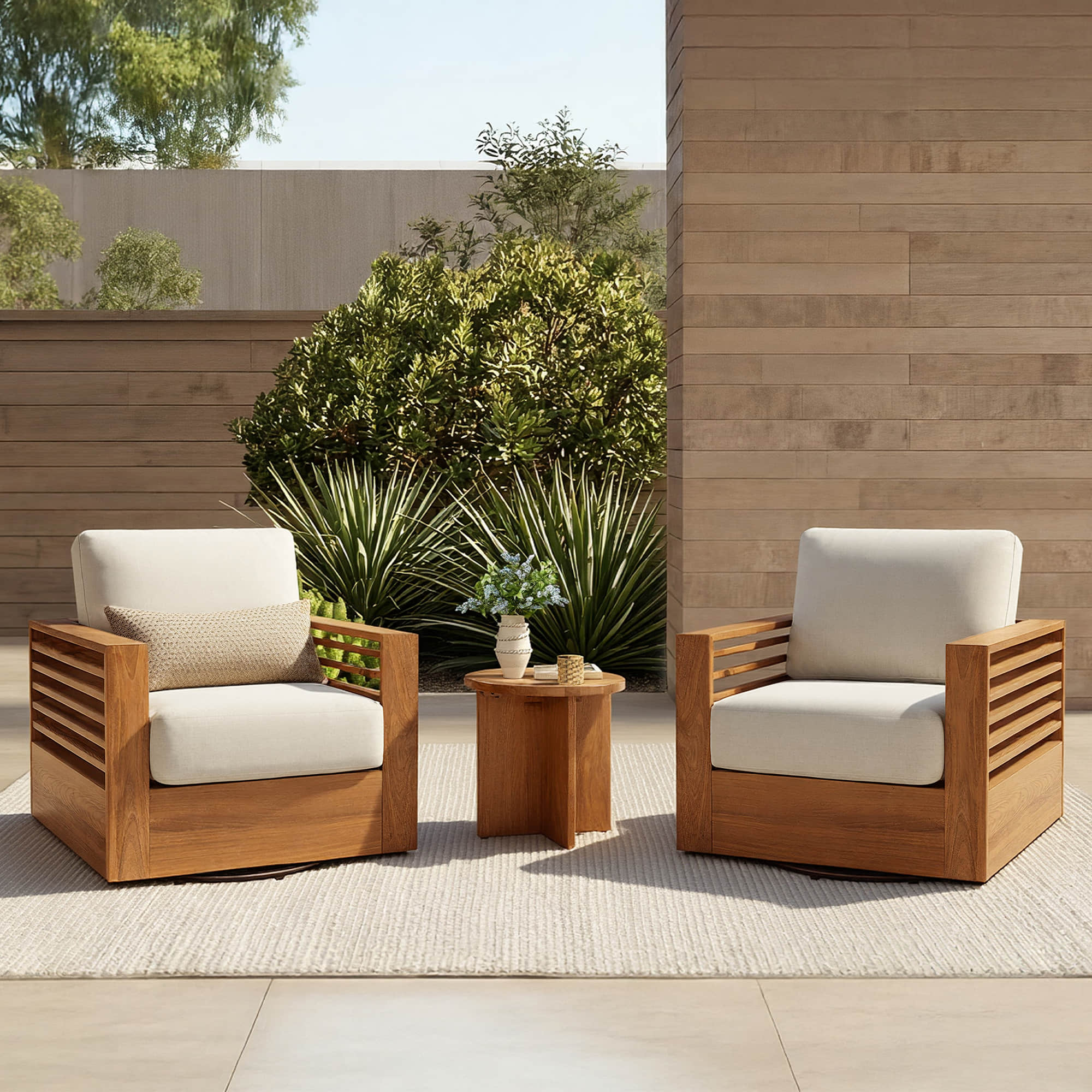 Beatriz Modern Outdoor Acacia Wood Slatted Swivel Bistro Set - Image 3