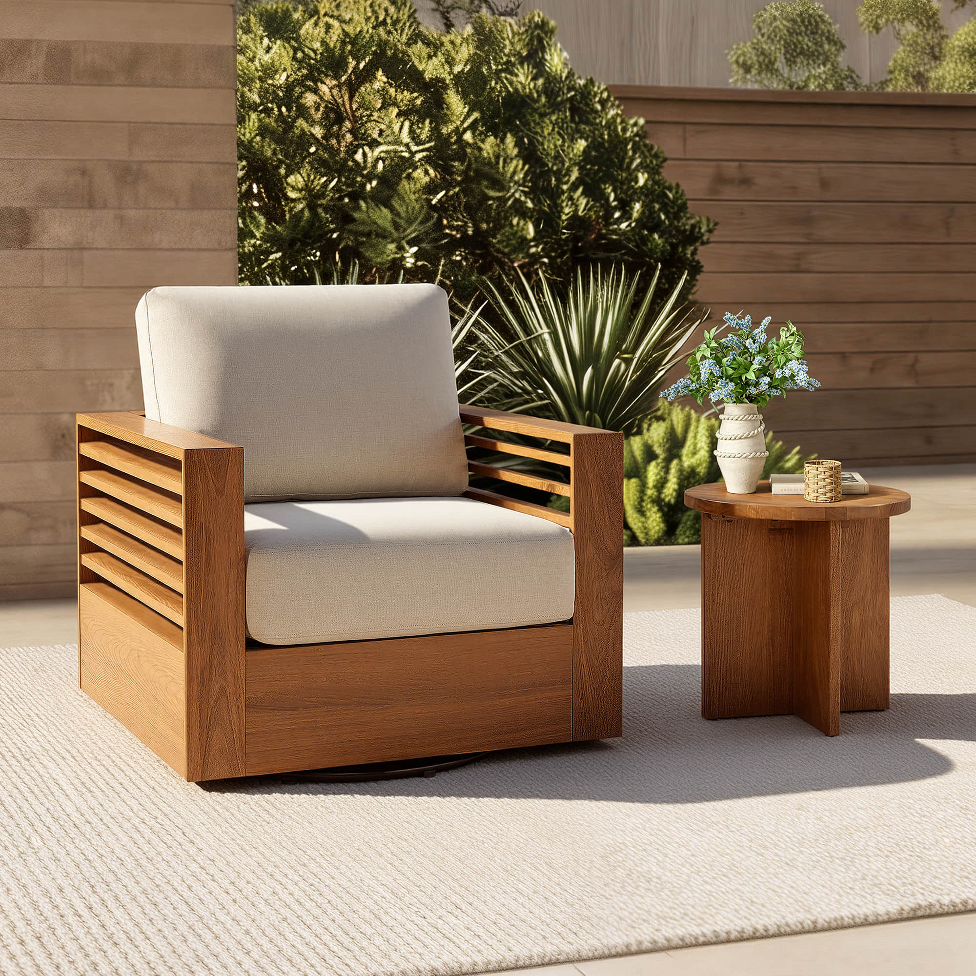 Beatriz Modern Outdoor Acacia Wood Slatted Swivel Chair - Image 4