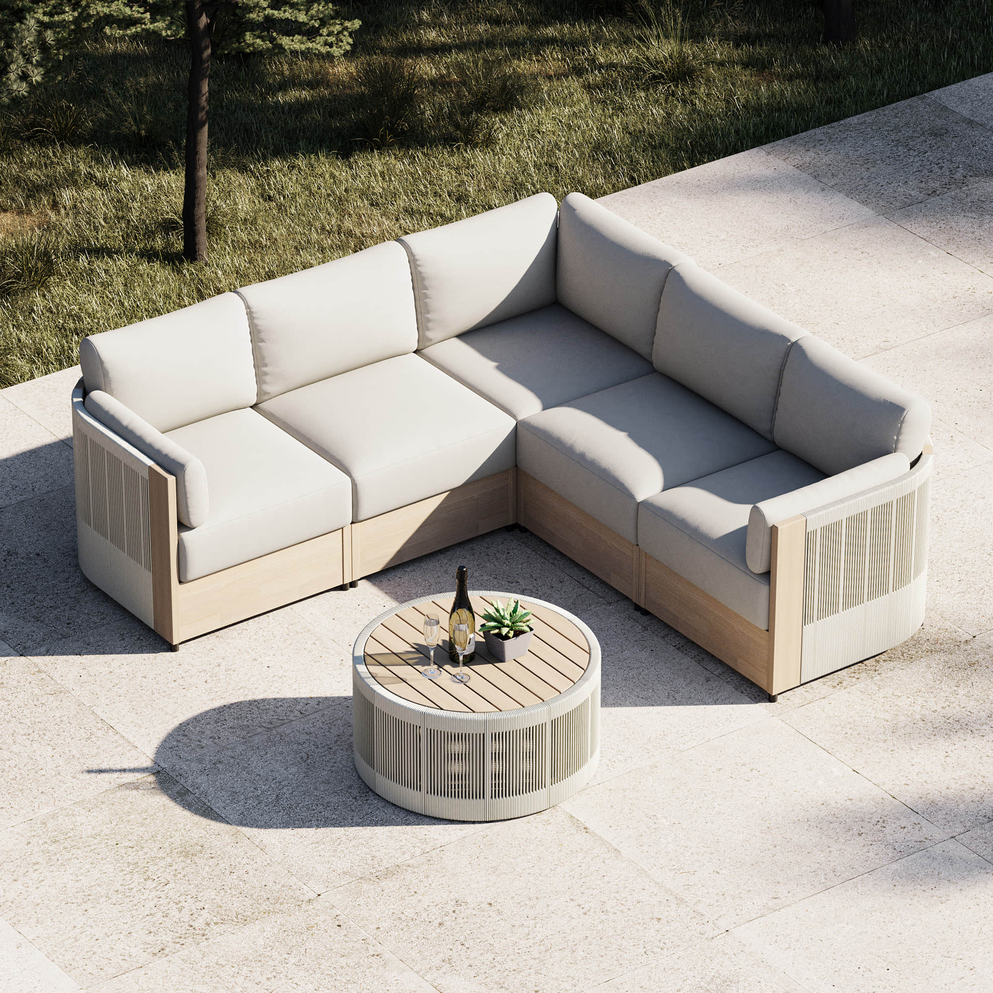 Clover Acacia Wood Rope Outdoor Modular Sectional Set - Image 6