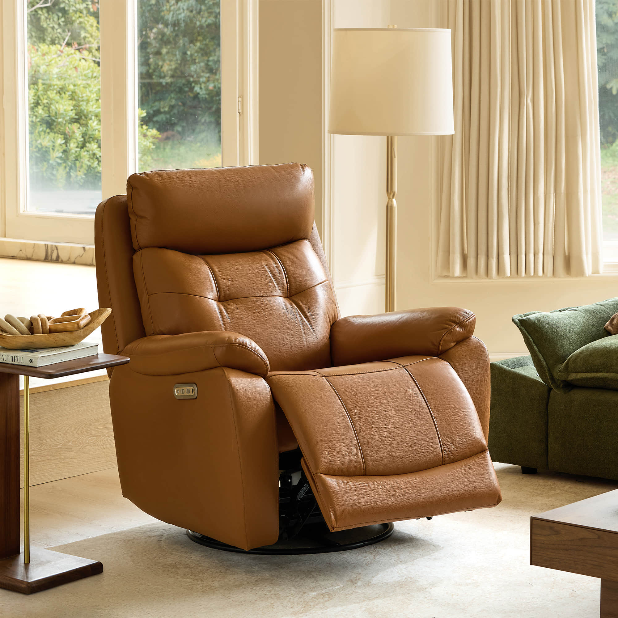 Keith Leather Swivel Glider Recliner with Power Headrest