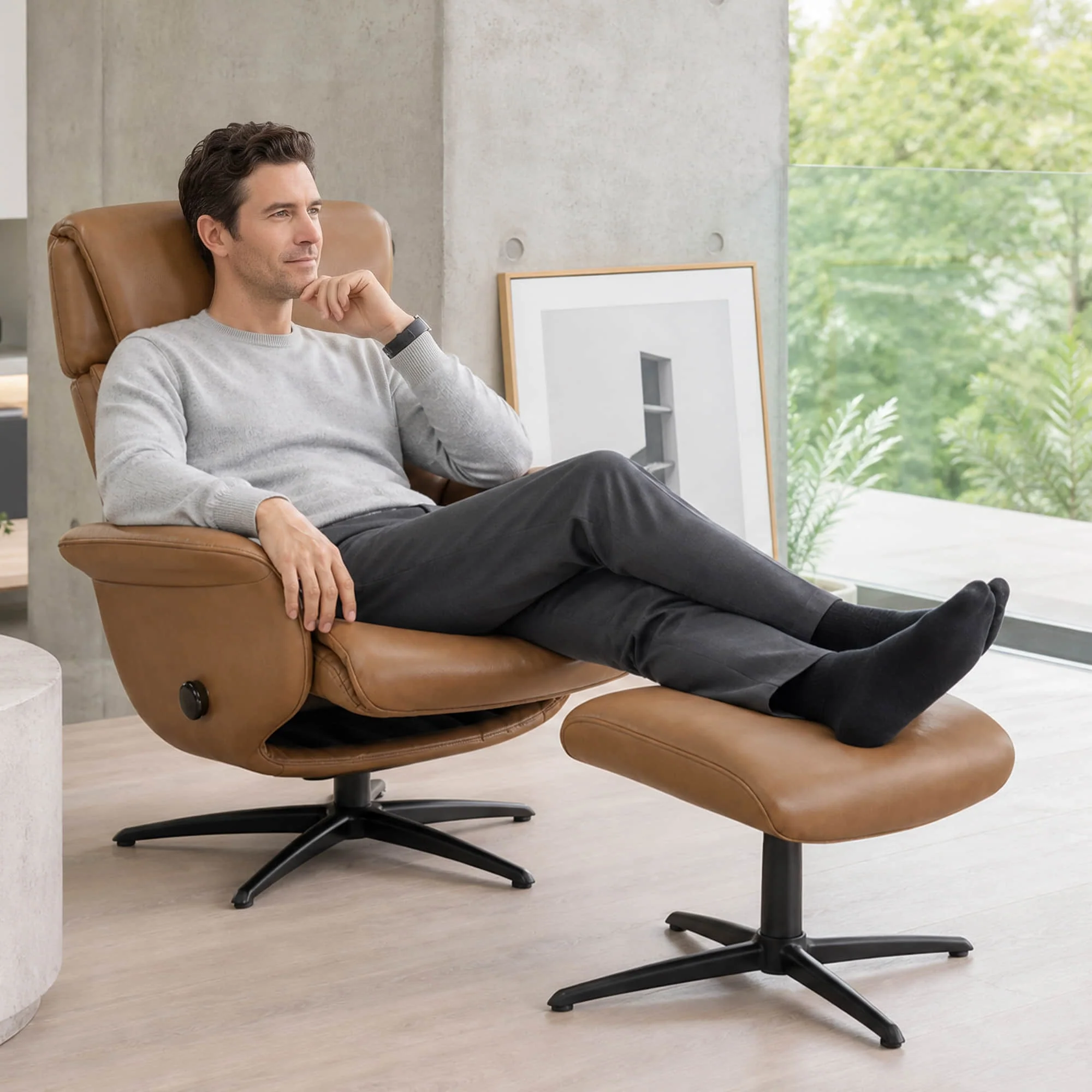 Leslie Genuine Leather Swivel Reclining Chair & Ottoman - Image 2