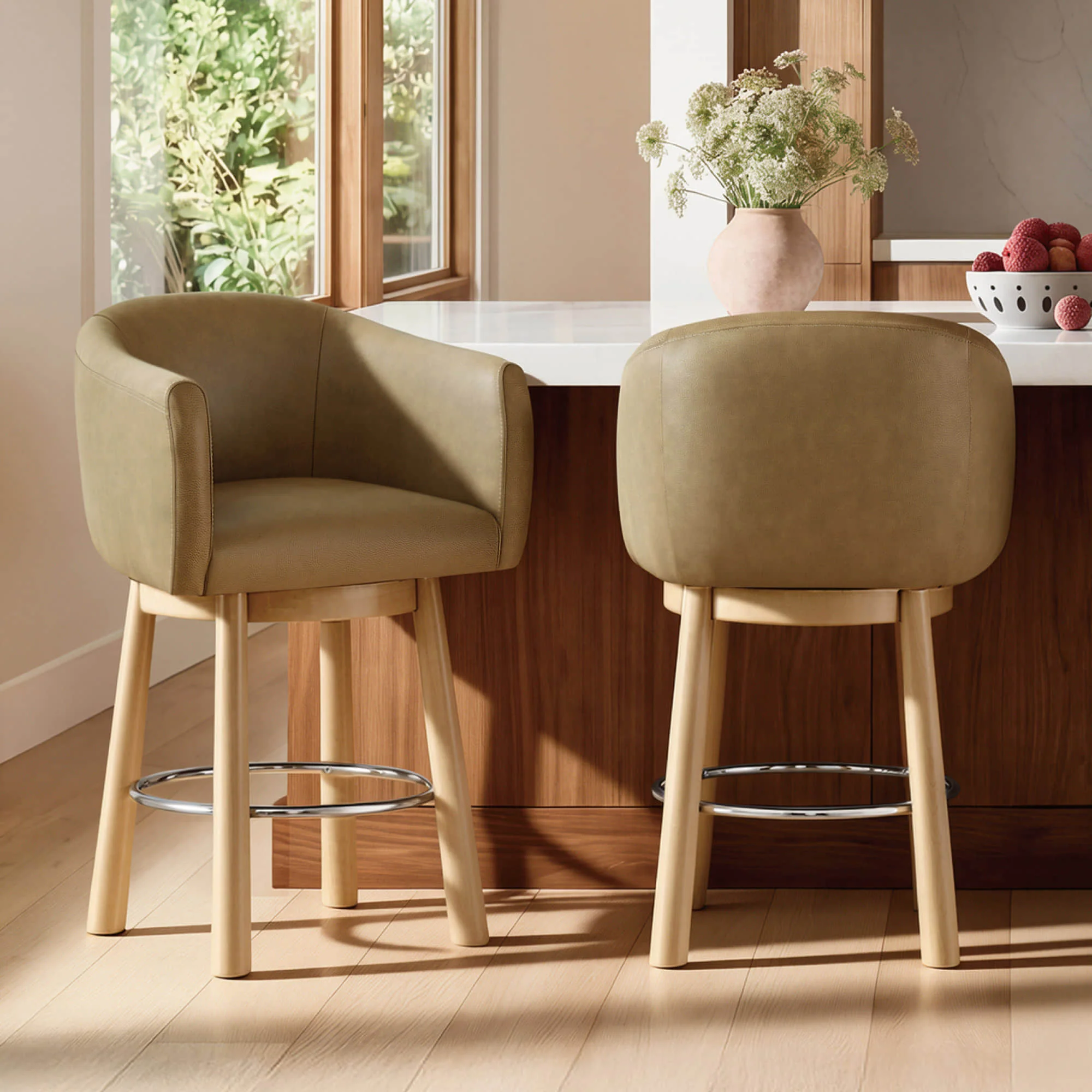 Mateo Barrel Genuine Leather Swivel Bar Stool (Set of 2) - Image 2