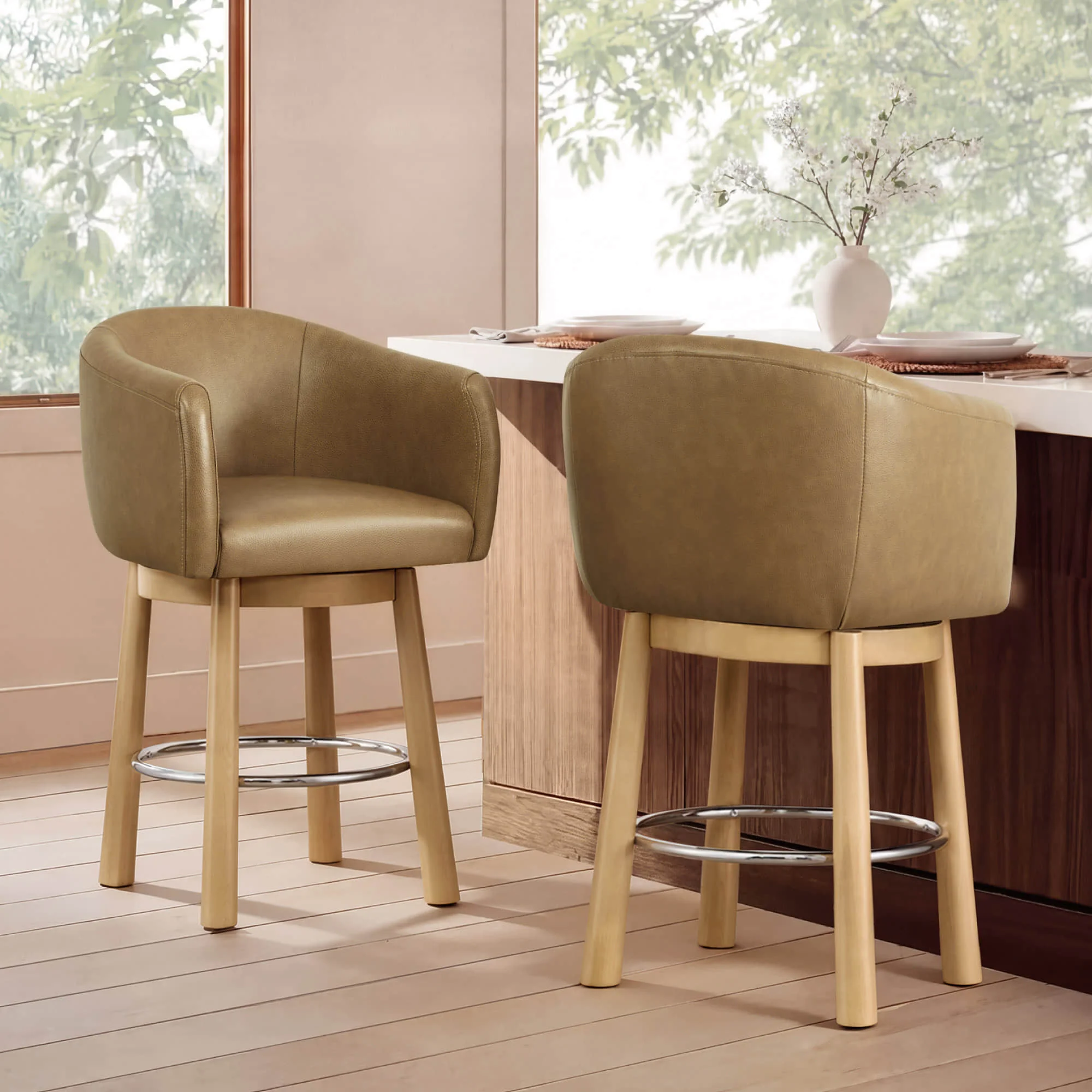Mateo Barrel Genuine Leather Swivel Bar Stool (Set of 2) - Image 7