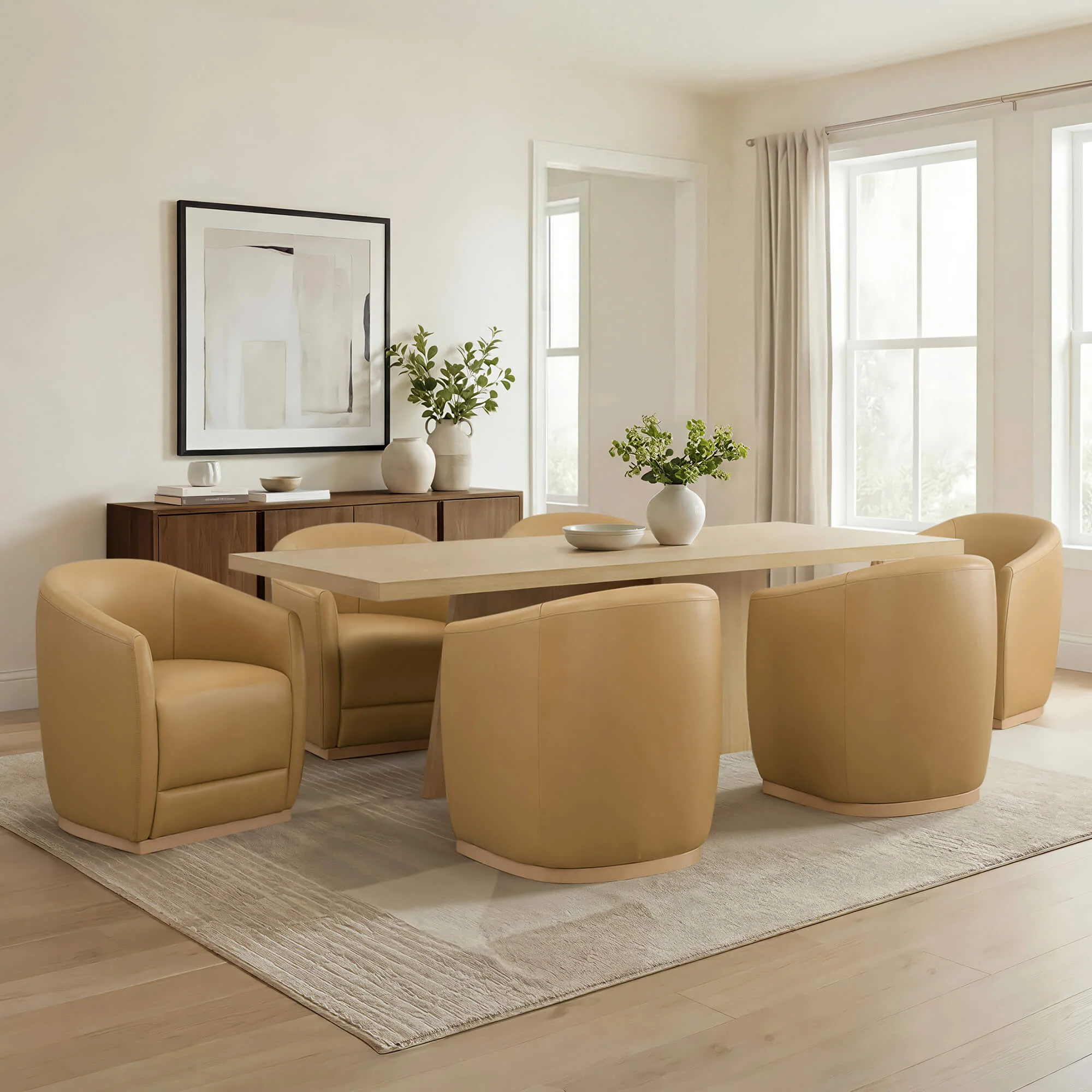Mateo Curved Genuine Leather Rolling Dining Chair (Set of 2)