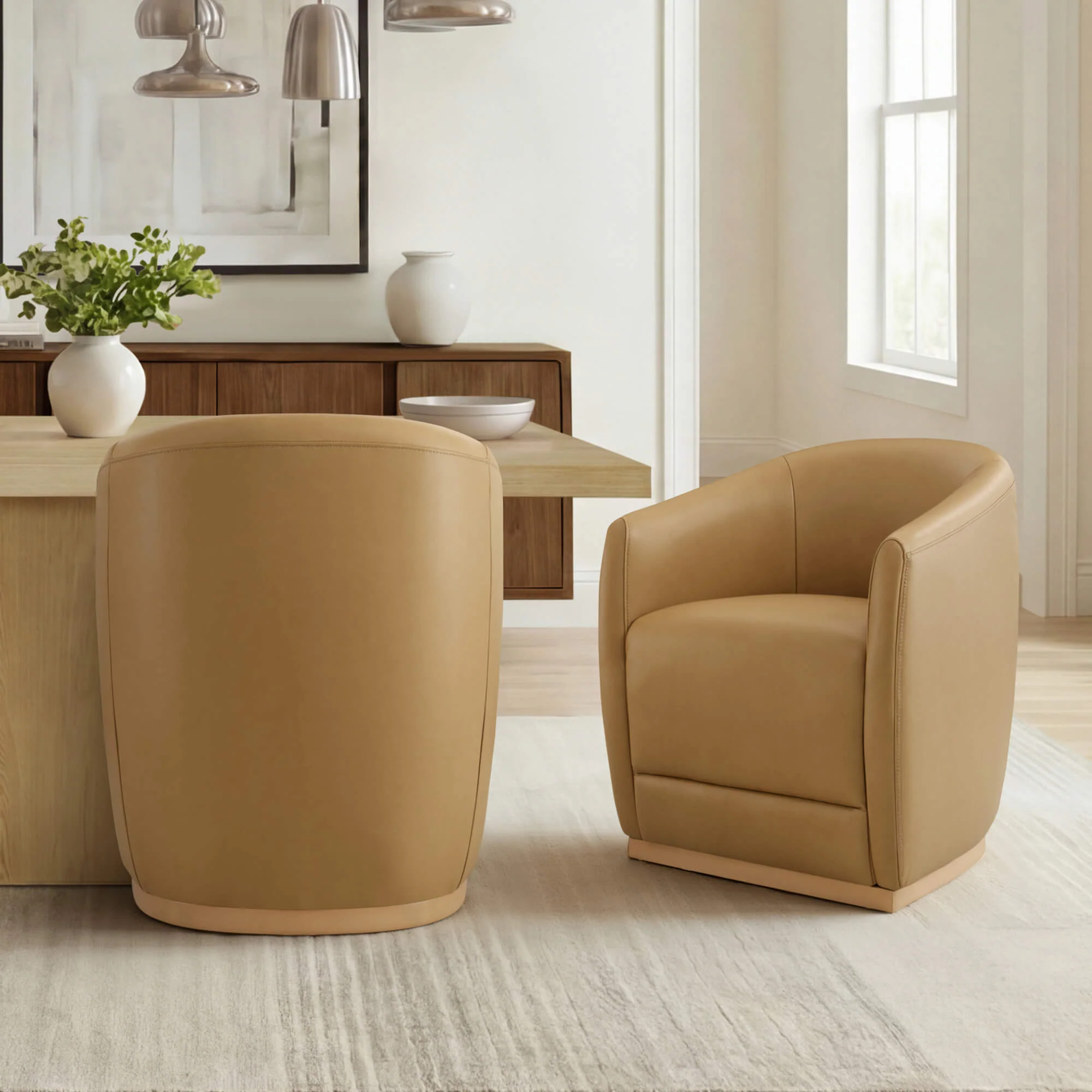 Mateo Curved Genuine Leather Rolling Dining Chair (Set of 2) - Image 2