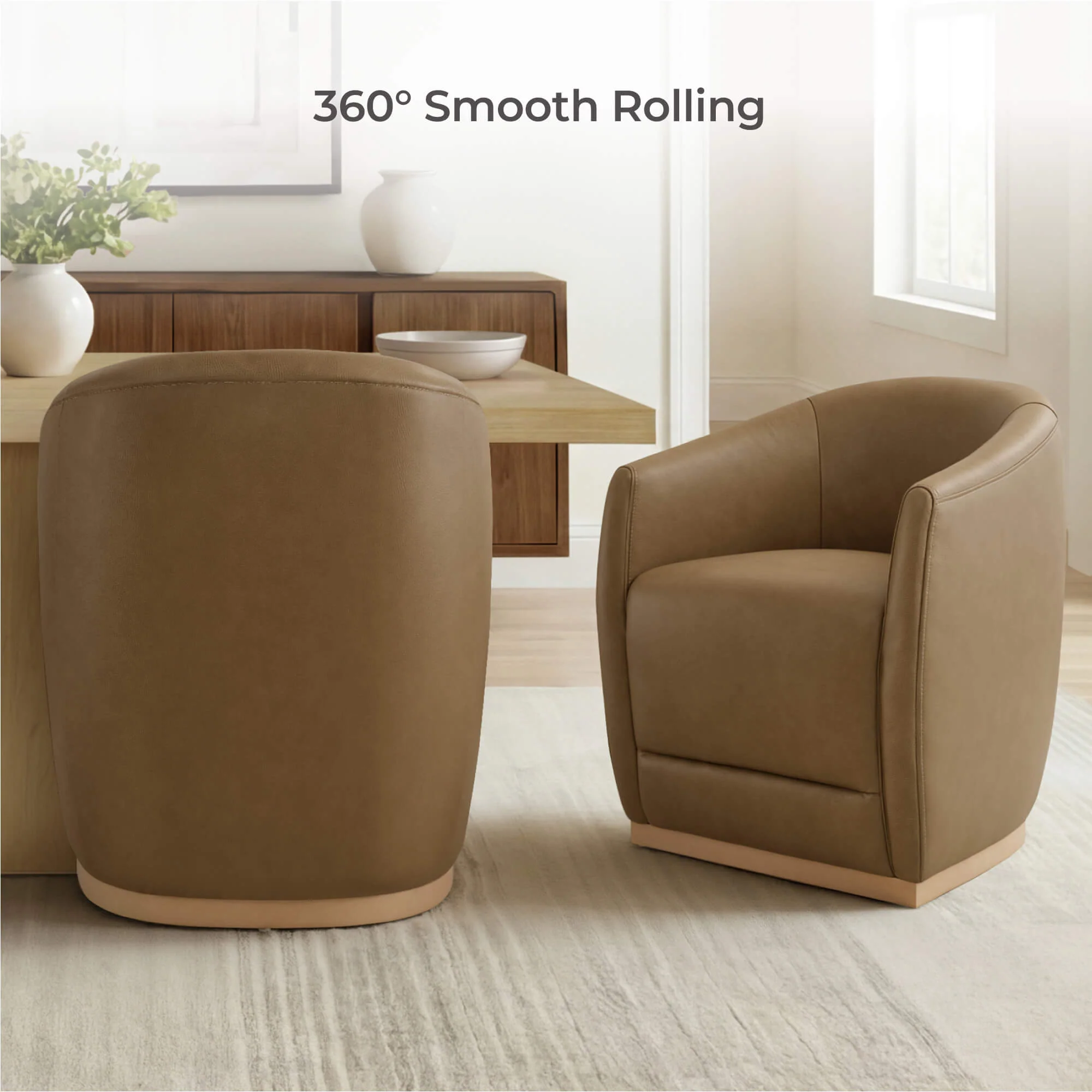 Mateo Curved Genuine Leather Rolling Dining Chair (Set of 2) - Image 57