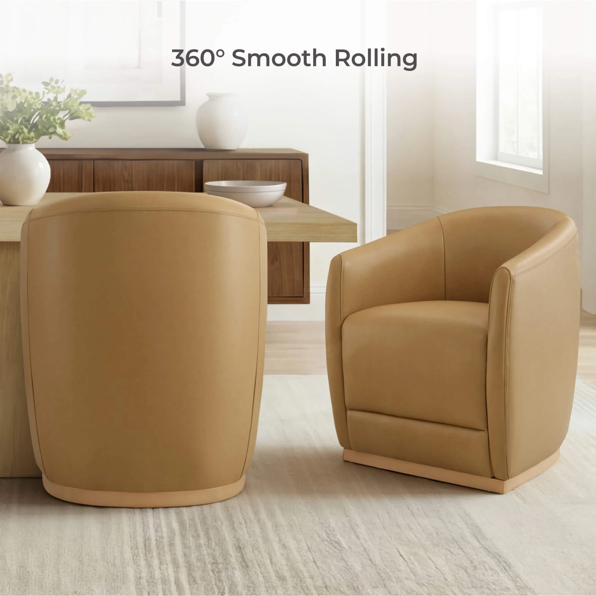 Mateo Curved Genuine Leather Rolling Dining Chair (Set of 2) - Image 59
