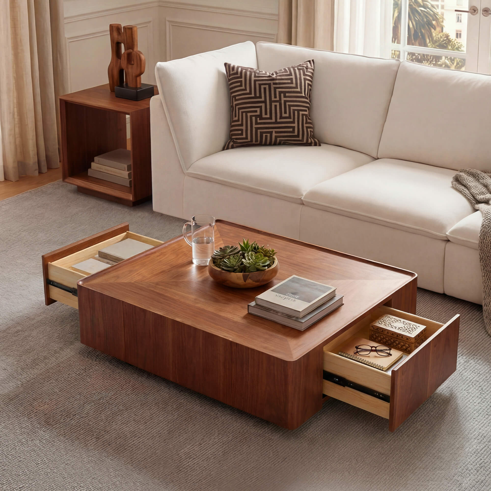 Vanessa Cube Solid Wood Storage Coffee Table with Two Drawers - Image 3